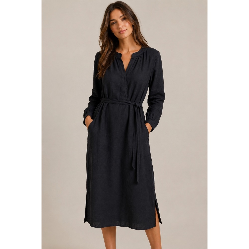 J.Crew Women Linen Midi Dress Black S Long Sleeve Belted V-Neck Coastal Linen